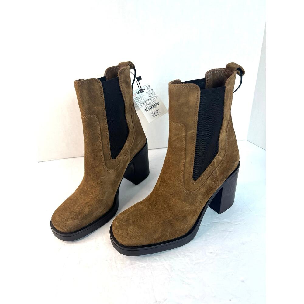 NWT Zara Brown Suede Chelsea High Block Heel Pull Tab Slip On Ankle Boots Sz 6.5